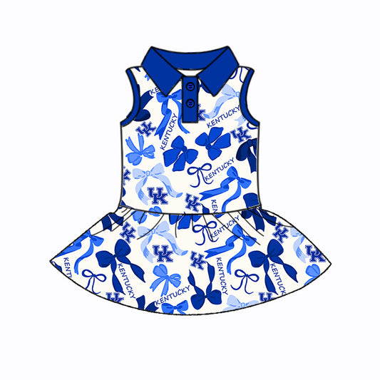 Preorder (moq 5)Baby Girls Blue Sleeveless UK Bows Plaid Button Team Knee Length Dresses