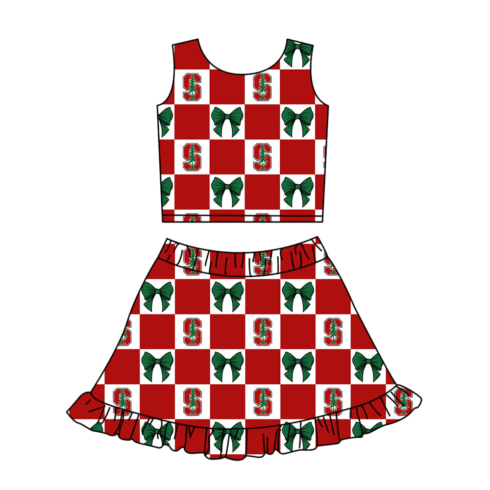 Preorder (moq 5)Baby Girls Stanford Bows Checked Vests Ruffle Skirt Short Team Clothes Sets