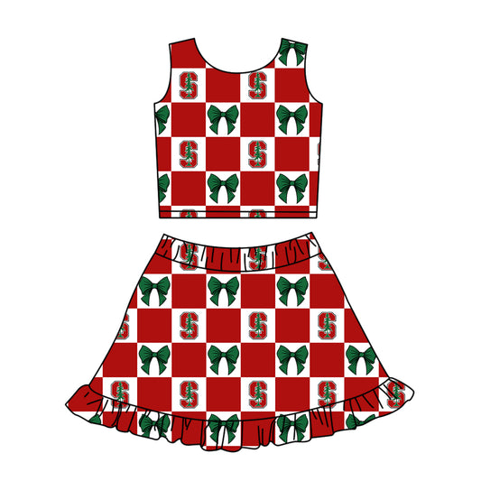 Preorder (moq 5)Baby Girls Stanford Bows Checked Vests Ruffle Skirt Short Team Clothes Sets