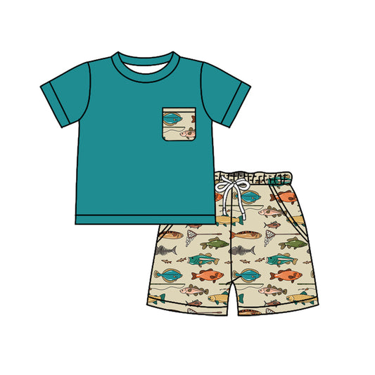 Preorder moq 5 Baby Boys Green Short Sleeves Pocket Top Fishing Shorts Set