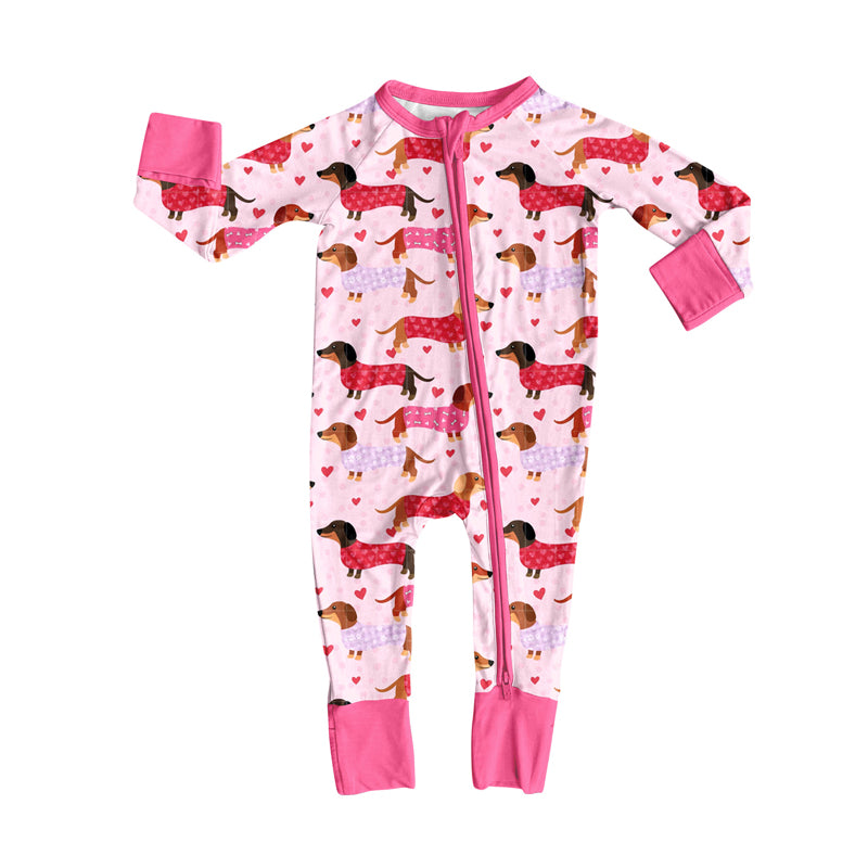 Preorder (moq 5)Baby Girls Pink Hearts Dogs Valentine Zipper Footie Rompers