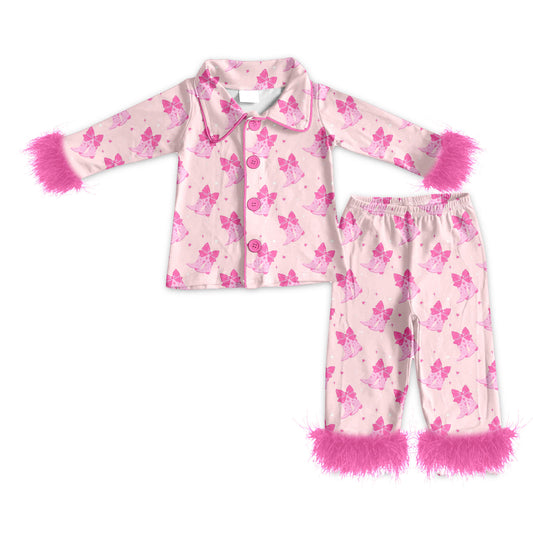 Preorder (moq 5)Baby Girls Pink Bows Boots Button Top Pants Valentine Fur Pajamas Sets