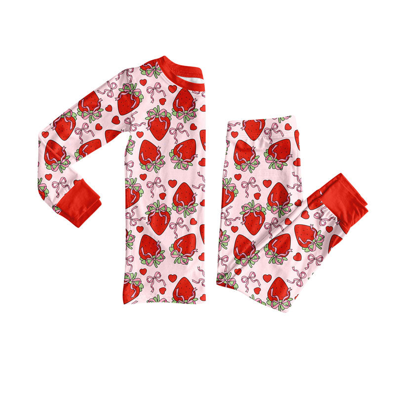 Preorder(moq 5) Baby Girls Bows Hearts Strawberry Top Pants Valentine Pajamas Sets