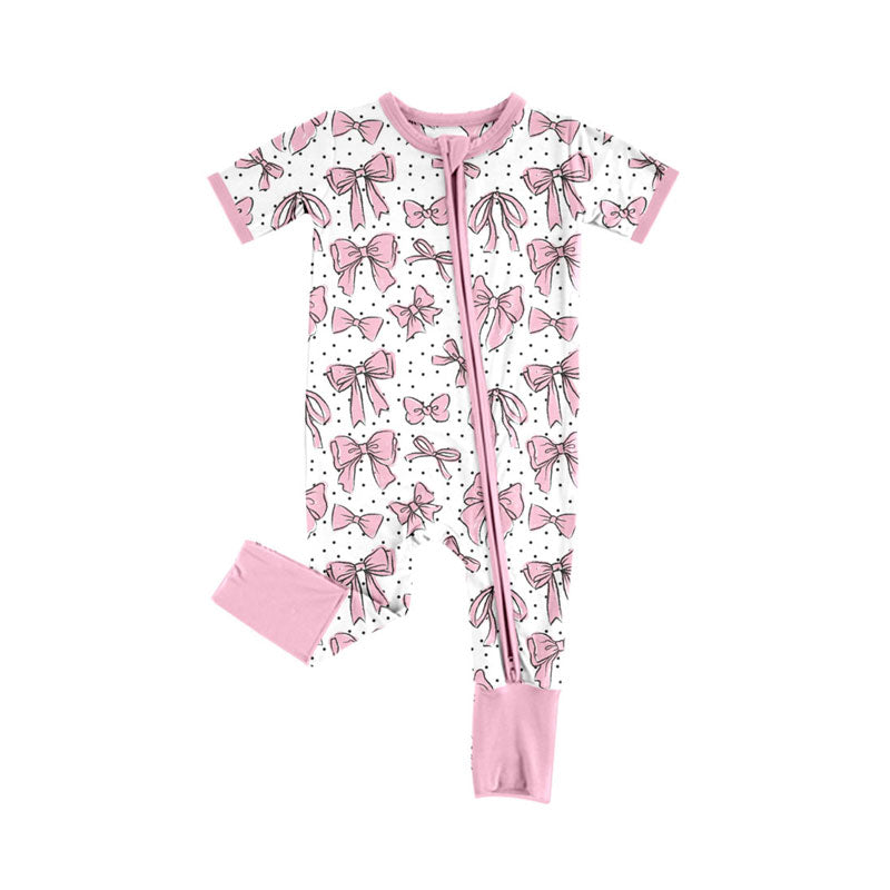Preorder (moq 5)Baby Girls Short Sleeve Bows Polka Dots Two Way Zip Convertible Rompers