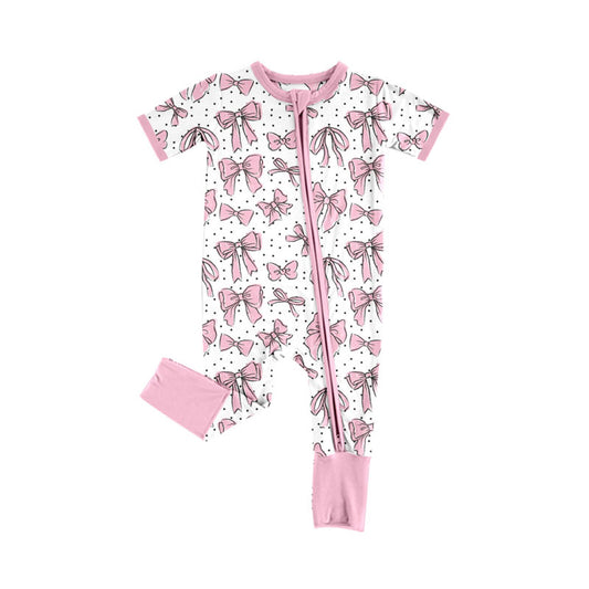 Preorder (moq 5)Baby Girls Short Sleeve Bows Polka Dots Two Way Zip Convertible Rompers