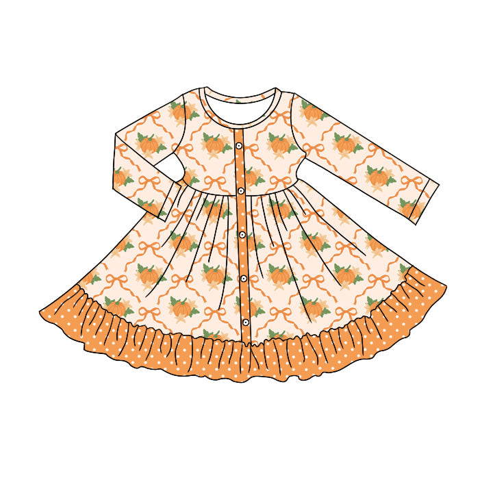 Preorder (moq 5)Baby Girls Bows Pumpkins Fall Button Ruffle Knee Length Dresses