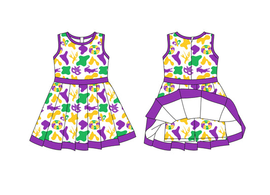 Preorder moq 8 Baby Girls Mardigras Camo Donuts Back Zip Shorts Ruffle Knee Length Dresses