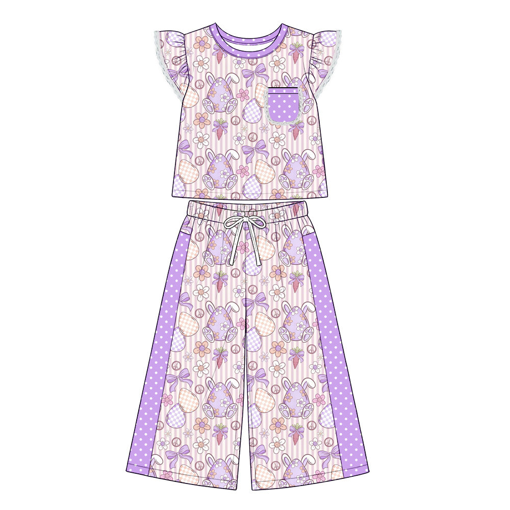 Preorder (moq 5) Baby Girl Clothes Easter Bunny Egg Stripe Mixed Print Flutter Short Sleeve Wide Leg Pant Set