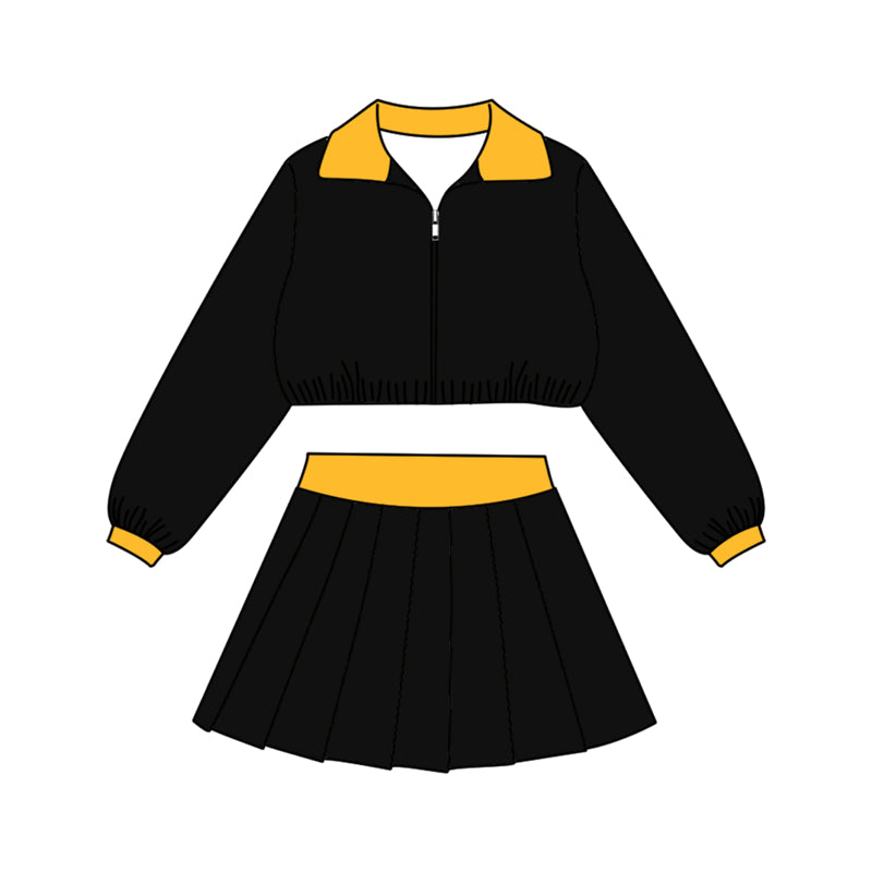 Pre-order(moq5) Kids Full Zip Collared Cropped Jacket Pleated Skirt 2‑Piece Athletic Set