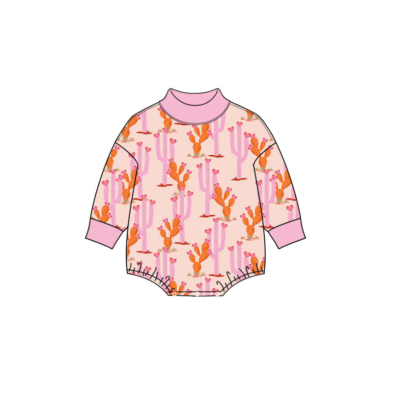 Preorder moq 5 Baby Girls’ Pink Cactus & Heart All-Over Print Long-Sleeve Crew Neck Romper