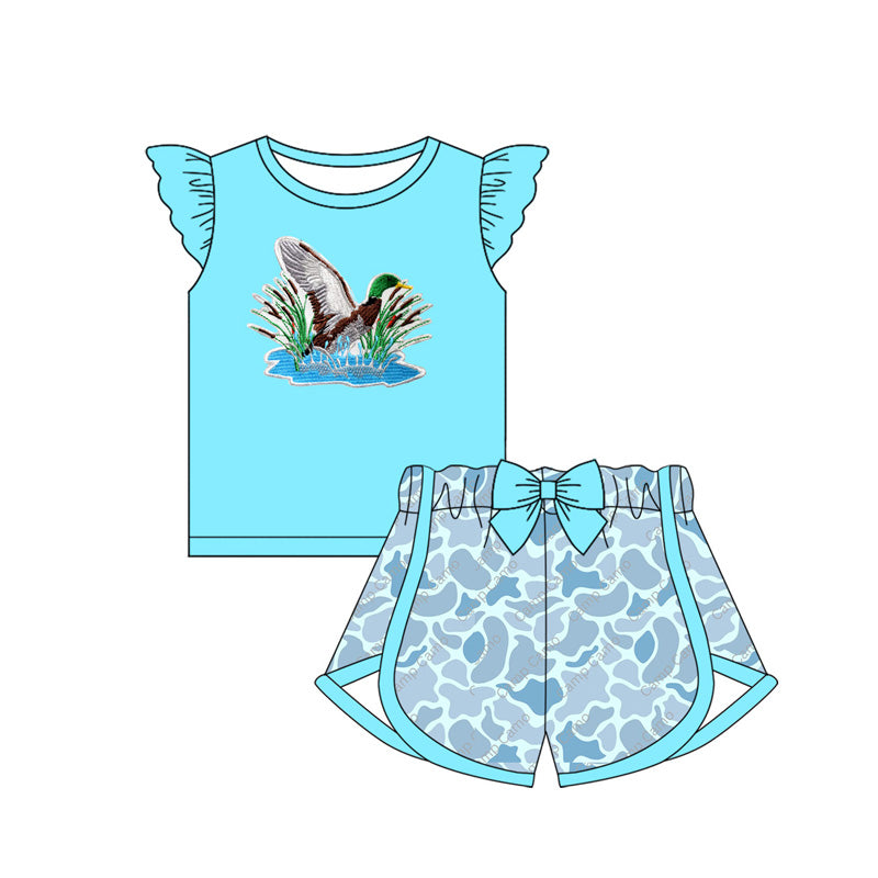 Preorder (moq 5)Baby Girls Hunting Ducks Blue Shirt Bow Camo Shorts Clothes Sets