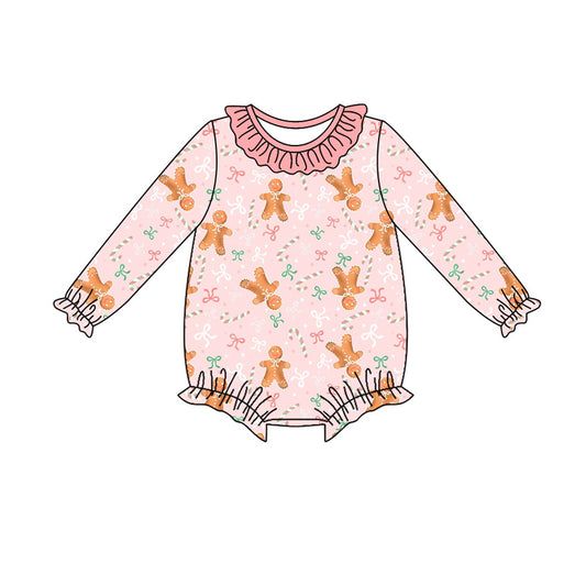 Preorder (moq 5)Baby Girls Long Sleeve Bows Gingerbread Christmas Ruffle Rompers