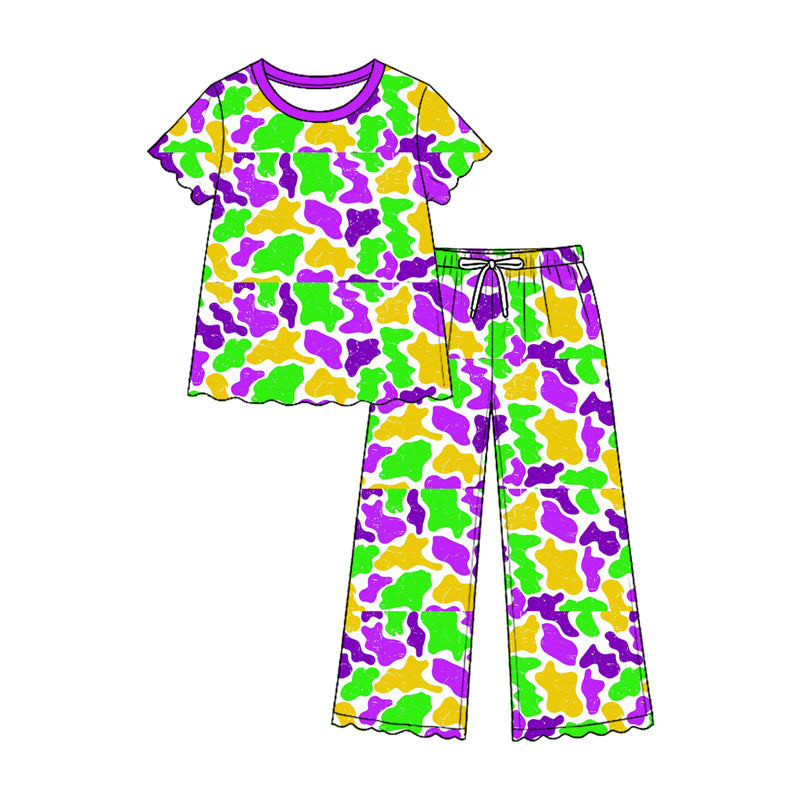 Pre-order(moq5) Girls’ Fall Round-Neck Short-Sleeve Top & Bow-Detail Elastic-Waist Straight-Leg Pants Two-Piece Outfit Set