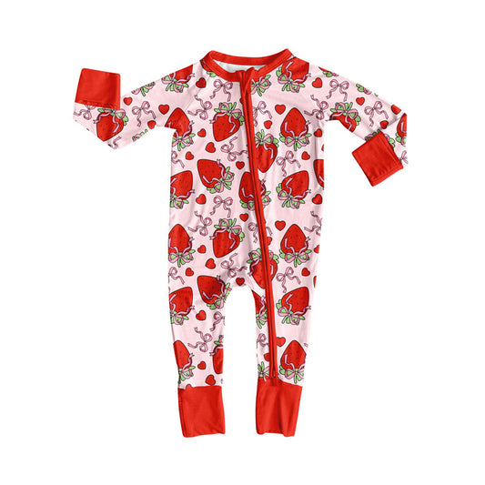 Preorder (moq 5)Baby Girls Bows Hearts Strawberry Valentine Zipper Footie Rompers
