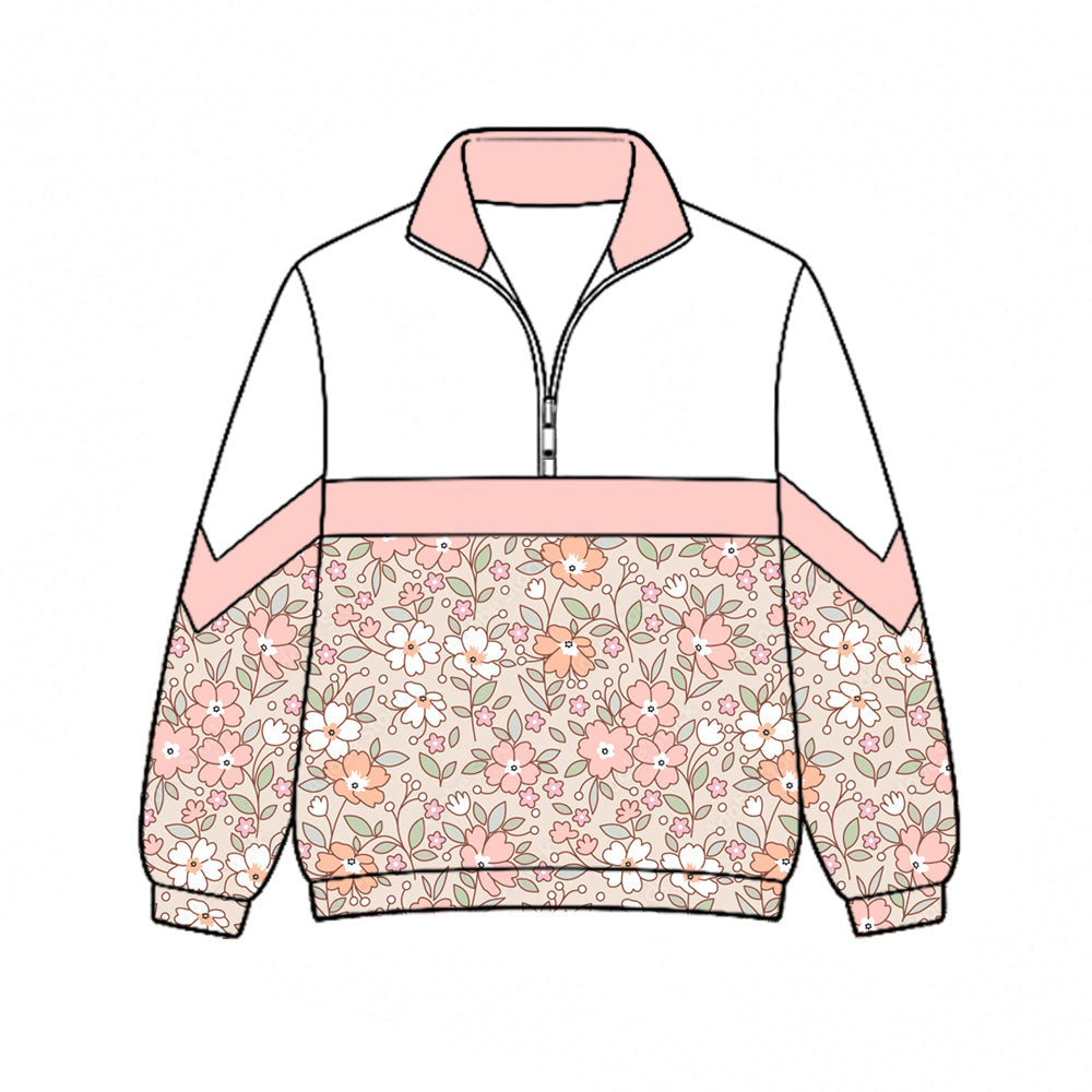 Preorder (moq 5)Baby Girls Pink Flowers Fall Zip Pullovers Top