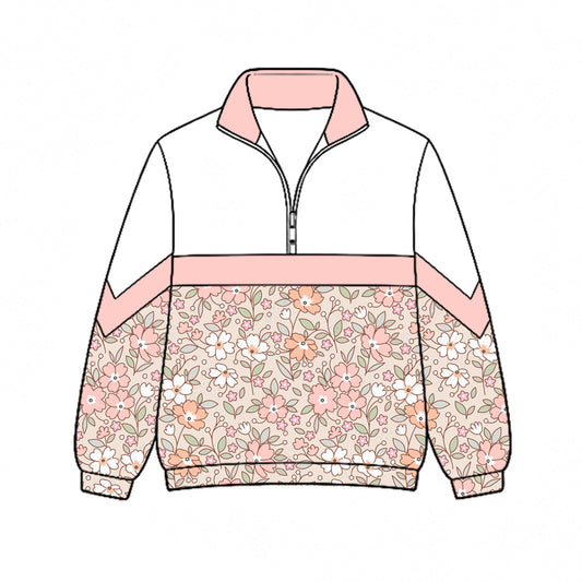 Preorder (moq 5)Baby Girls Pink Flowers Fall Zip Pullovers Top