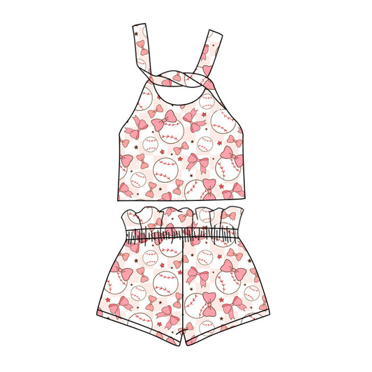 Preorder (moq 5)Baby Girls Baseball Bows Straps Top Shorts Clothes Sets