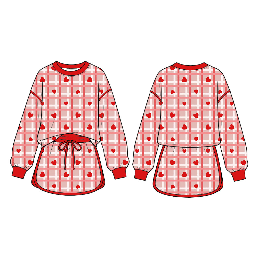 Preorder (moq 5)Baby Girls Hearts Checked Long Sleeve Top Skirt Short Valentines Clothes Set