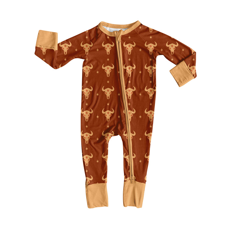 Preorder(moq 5)Baby Boys Bull Skull Stars Plaid Western Zipper Footie Rompers