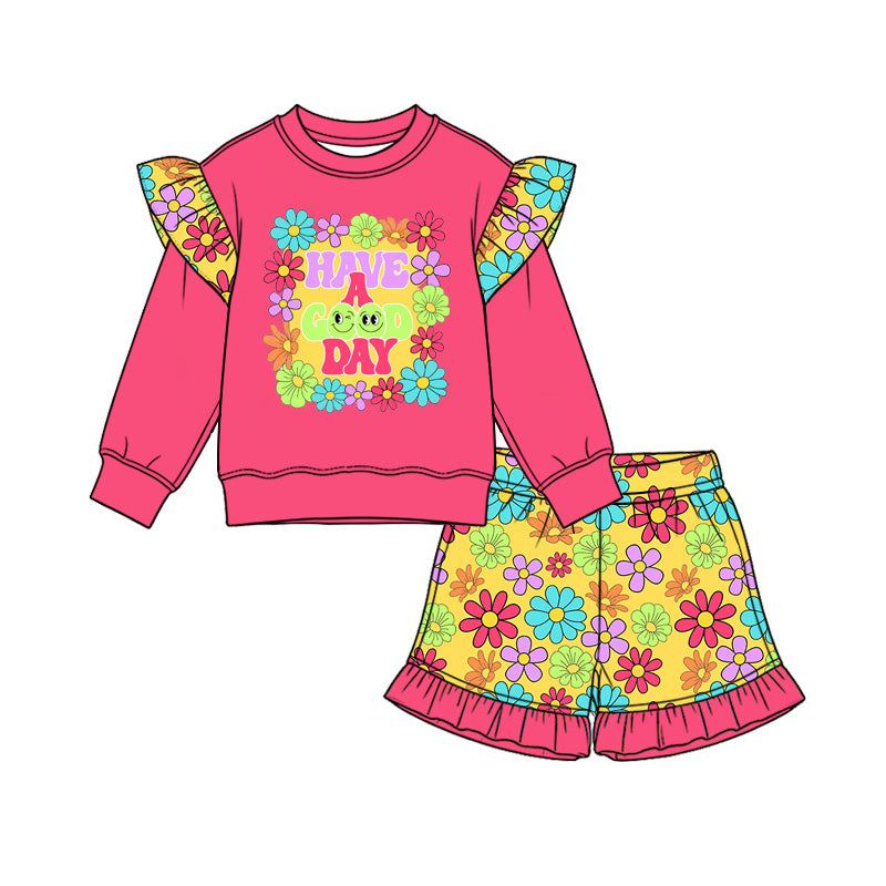 Preorder (moq 5) Baby Girl Clothes Bright Colorful Floral Letter Graphic Mixed Print Long Sleeve Ruffle Top Short Ruffle Pant Set