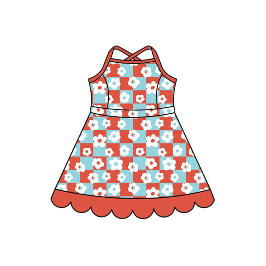 Preorder (moq 5)Baby Girls Strap Pink Checked Flowers Scallop Knee Length Dresses