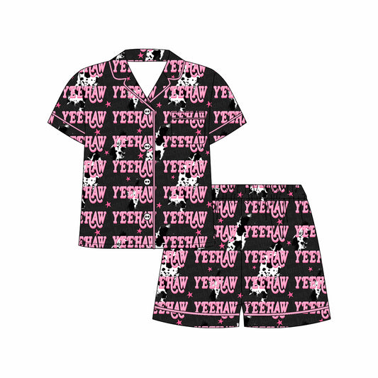 Preorder moq 5 Adult Short Sleeve Cow Print Lights Yeehaw Button Pockets Top Shorts Western Pajamas Sets