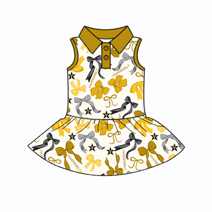 Preorder (moq 5)Baby Girls Sleeveless Yellow Bows Plaid Vanderbilt Button Team Knee Length Dresses