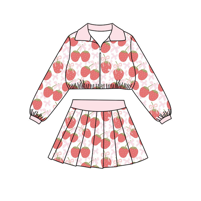 Preorder (moq 5)Baby Girls Bows Strawberry Zip Jackets Skirt Shorts Team Clothes Set
