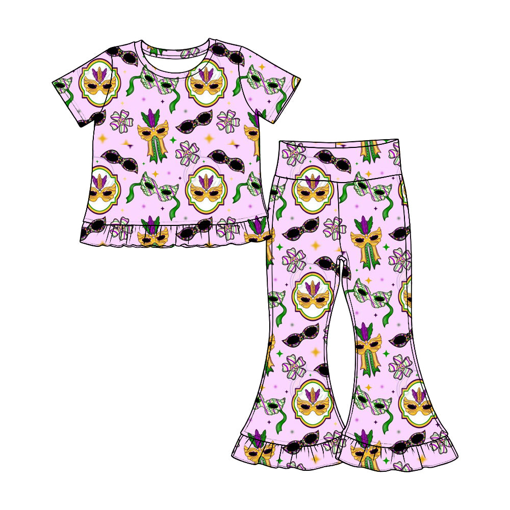 Preorder(moq 5) Girls Ruffle Short Sleeve Top & Ruffle Flare Pants Set Kids Two‑Piece Casual Outfit Set