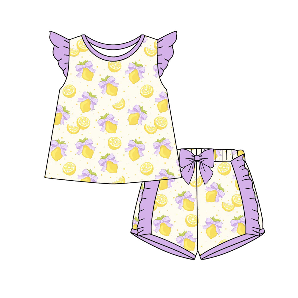 Preorder (moq 5)Baby Girls Flutter Sleeve Bows Lemons Tunic Ruffle Short Clothes Sets