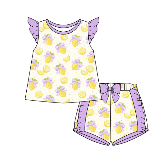 Preorder (moq 5)Baby Girls Flutter Sleeve Bows Lemons Tunic Ruffle Short Clothes Sets