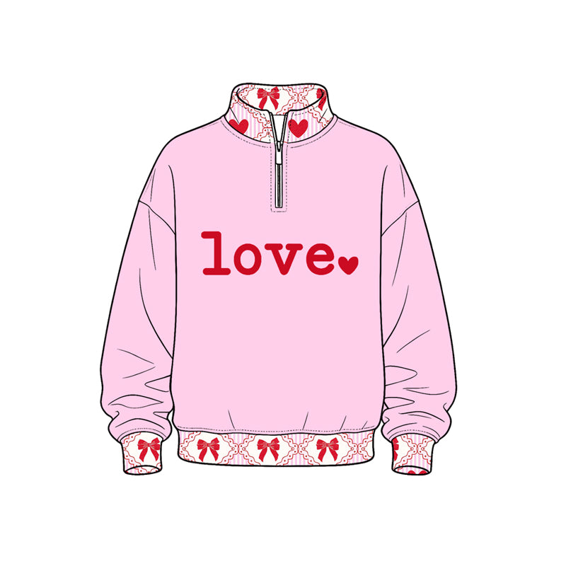 Preorder (moq 5) Kids’ Valentine’s Day Light Pink LOVE Print Long-Sleeve Half-Zip Bow Sweatshirt