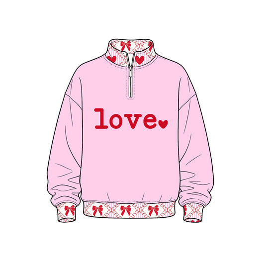 Preorder (moq 5) Kids’ Valentine’s Day Light Pink LOVE Print Long-Sleeve Half-Zip Bow Sweatshirt