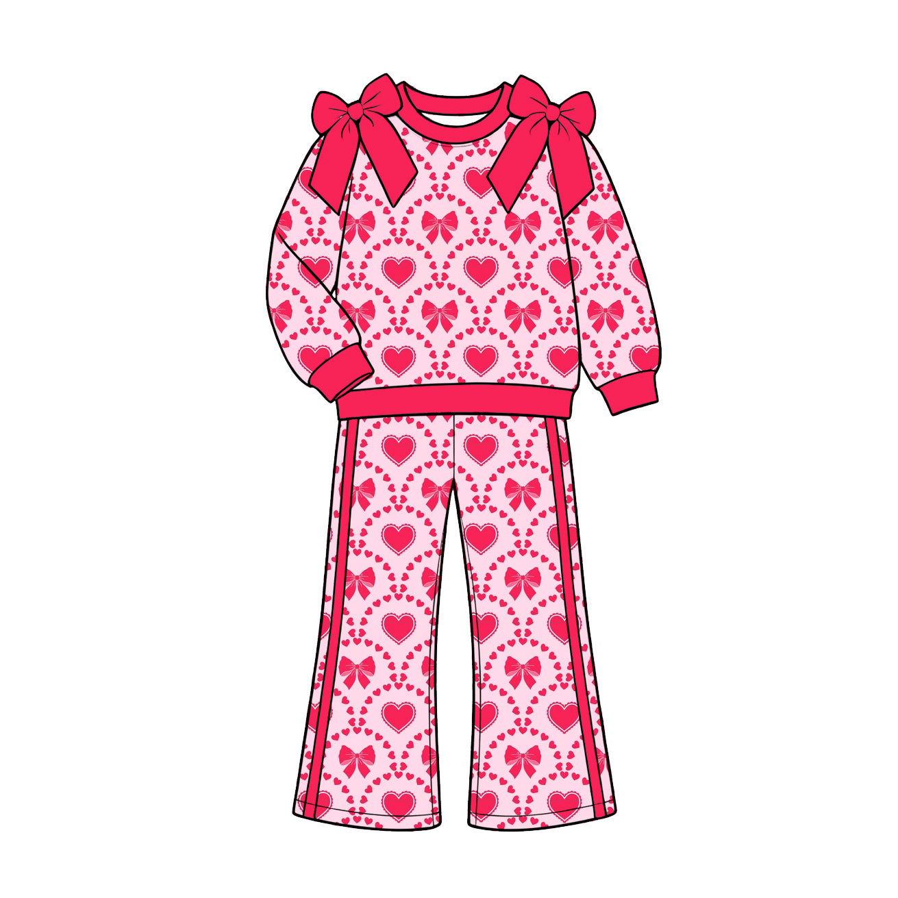 Preorder (moq 5) Girls’ Fall Valentine’s Day Pink Heart Bow Crewneck Long-Sleeve Sweatshirt & Wide-Leg Pants Set