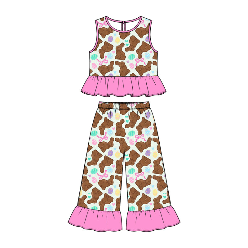 Preorder (moq 5) Baby Girl Clothes Easter Chocolate Bunny Egg Print Sleeveless Ruffle Top Ruffle Wide Leg Pants Outfit Set