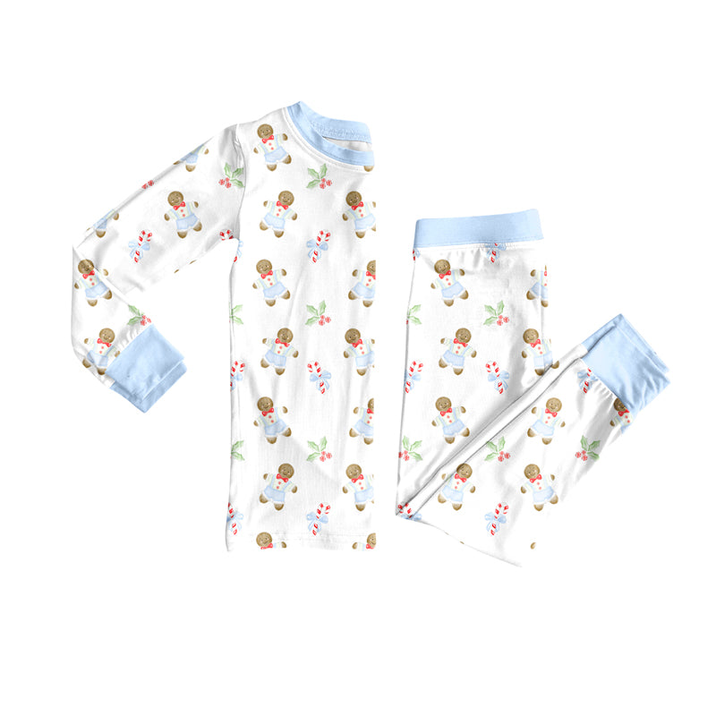 preorder(moq 5) Baby Boys Long Sleeves Blue Gingerbread Holly Top Pants Pajamas Set