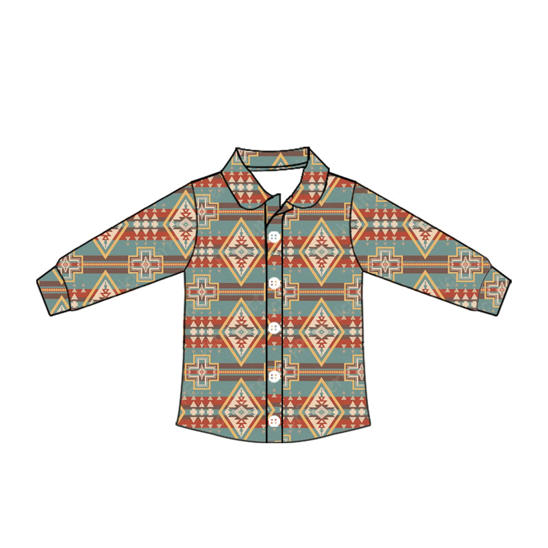 Preorder moq 10 Baby Boys Long Sleeves Western Aztec Button Shirts Top