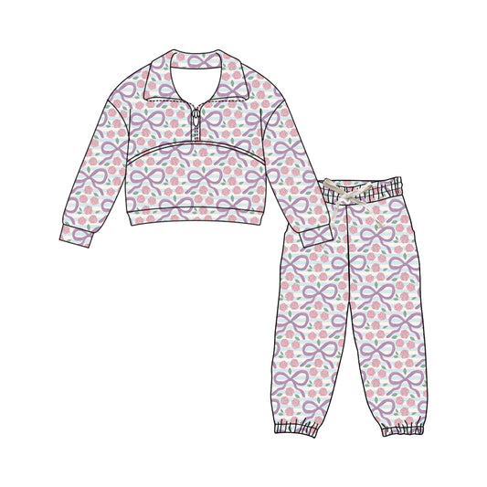 Preorder (moq 5)Baby Girls Pink Bows Flowers Stripe Zipper Top Jogger Pants Clothes Sets