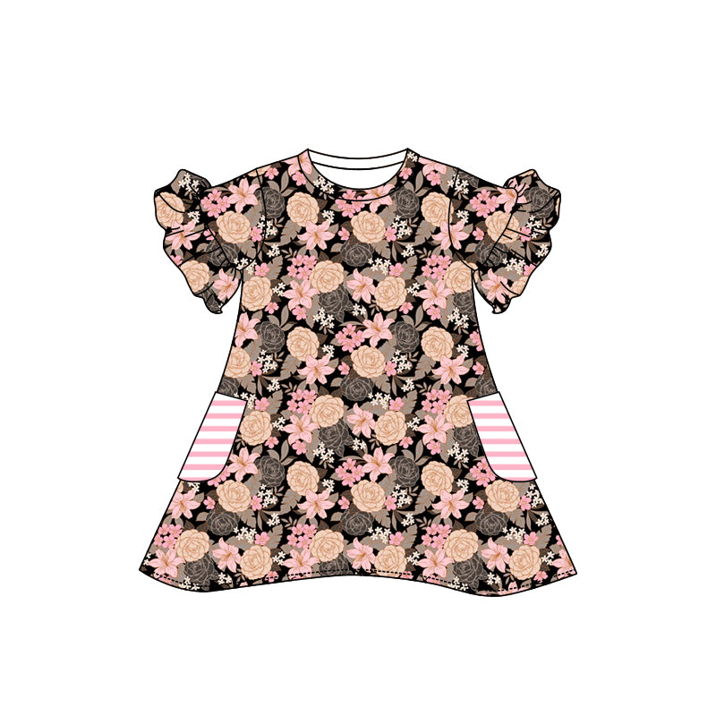 Preorder (moq 5)Baby Girls Short Ruffle Sleeve Colorful Flowers Pockets Knee Length Dress