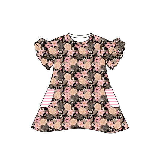 Preorder (moq 5)Baby Girls Short Ruffle Sleeve Colorful Flowers Pockets Knee Length Dress