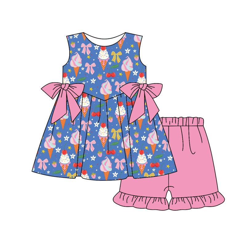 Preorder(moq 5) Baby Girls Ice Cream Flowers Bows Tunic Ruffle Shorts Clothes Sets