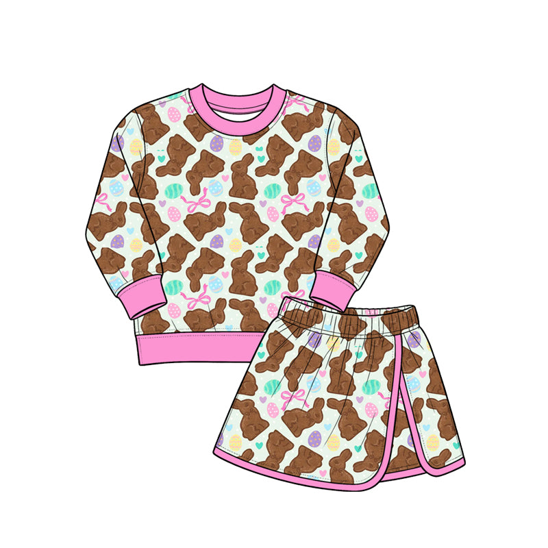 Preorder (moq 5) Girls Easter Brown Bunny Bow Sweatshirt & Skirt 2-Piece Set, Kids Casual Everyday Outfit