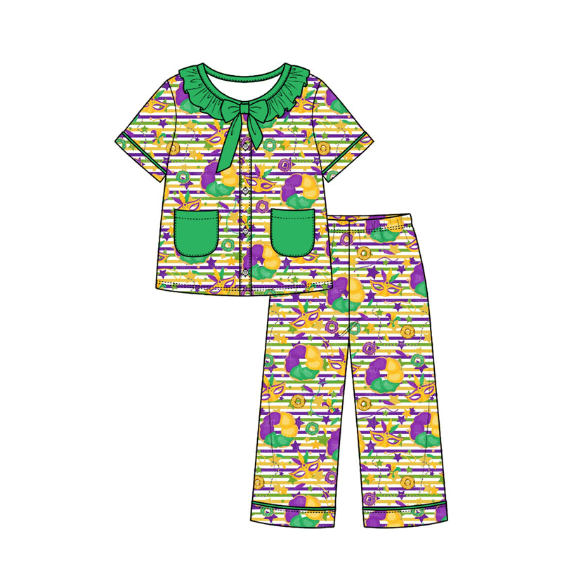 Preorder (moq 5) Baby Girl Clothes Mardi Gras King Cake Mask Stripe Mixed Print Short Sleeve Ruffle Bow Long Pant Pajama Set