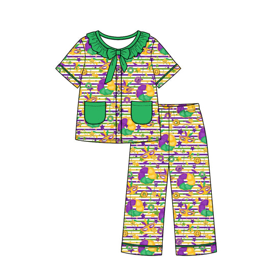 Preorder (moq 5) Baby Girl Clothes Mardi Gras King Cake Mask Stripe Mixed Print Short Sleeve Ruffle Bow Long Pant Pajama Set