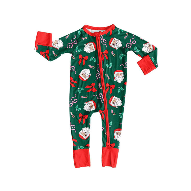 Preorder (moq 5)Baby Boys Dark Green Santa Bows Holly Christmas Zipper Footie Rompers