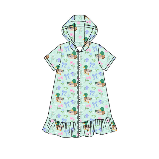 Preorder moq 5 Baby Girls Short Sleeve Flower Bows Ducks Fall Zip Ruffle Knee Length Dress