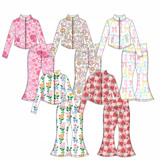 Preorder moq 10 Baby Girls Colorful Flowers Bows Long Sleeves Pockets Zipper Top Bell Bottom Pant Activity Wear Yoga Set