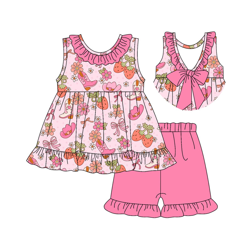Preorder (moq 5)Baby Girls Pink Boots Flowers Tunic Ruffle Shorts Clothes Sets