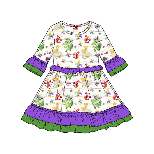 Preorder moq5  Girls’ Carnival Ruffle Long-Sleeve Dress, Cute Dinosaur & Crawfish Print Holiday Party Dress