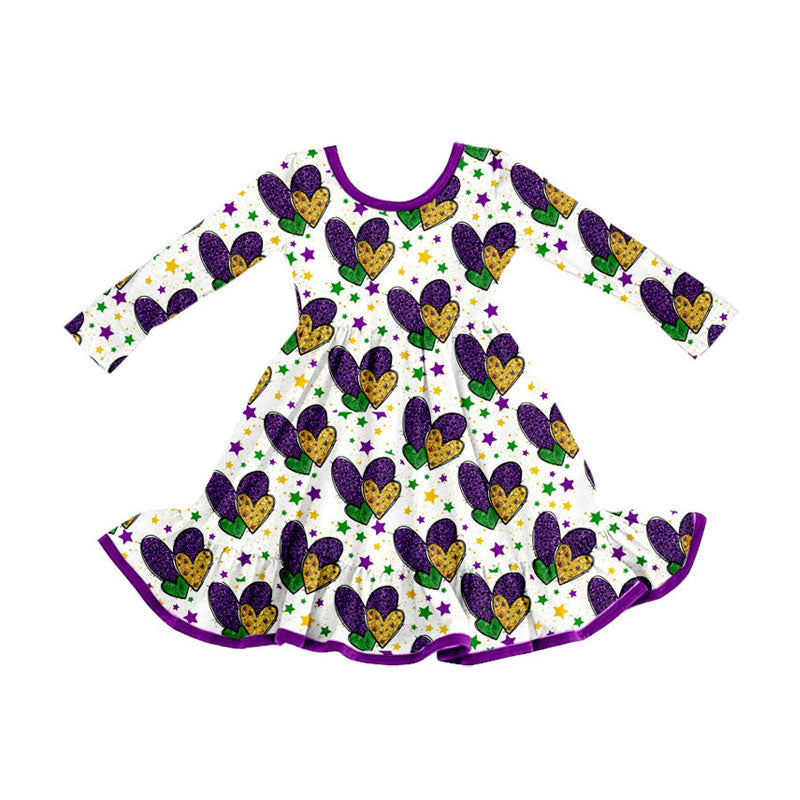 Preorder (moq 5)Baby Girls Purple Yellow Green Hearts Mardigras Ruffle Knee Length Dress